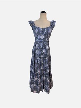 Trixxi Blue Floral Tiered Maxi Dress with Square Neck
